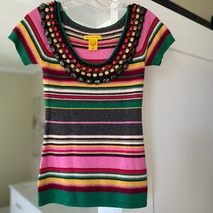 Catherine Malandrino Pink Green, Gray, and yellow Striped Cashmere Sweater.